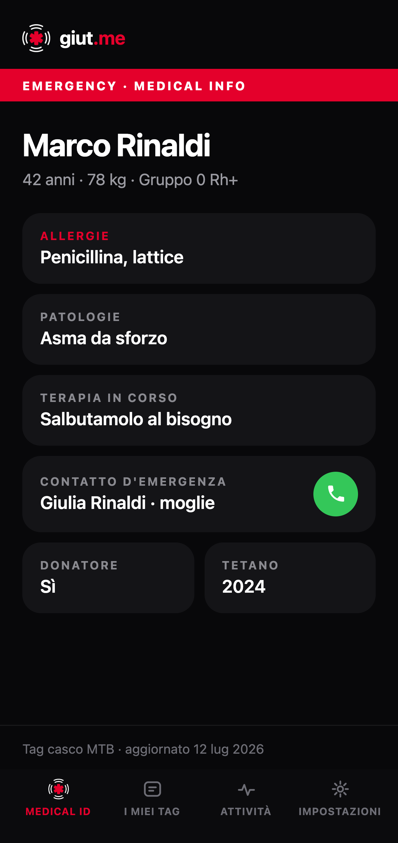La pagina salvavita giut.me su smartphone: nome, gruppo sanguigno, allergie, patologie e contatto d'emergenza