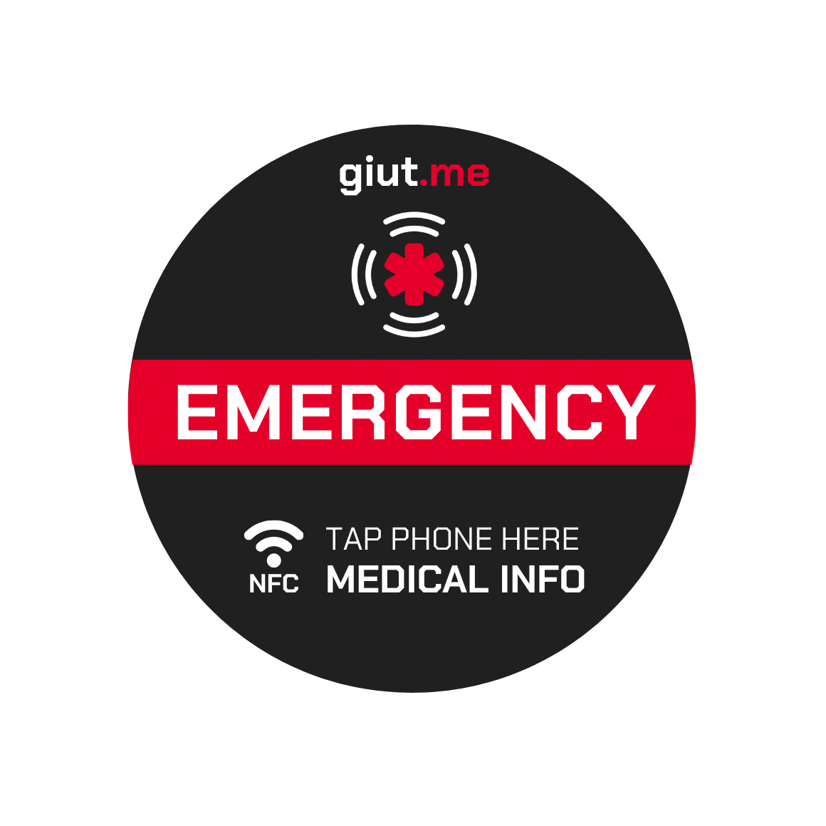 Sticker NFC giut.me: banda rossa EMERGENCY, simbolo medico e istruzione tap phone here
